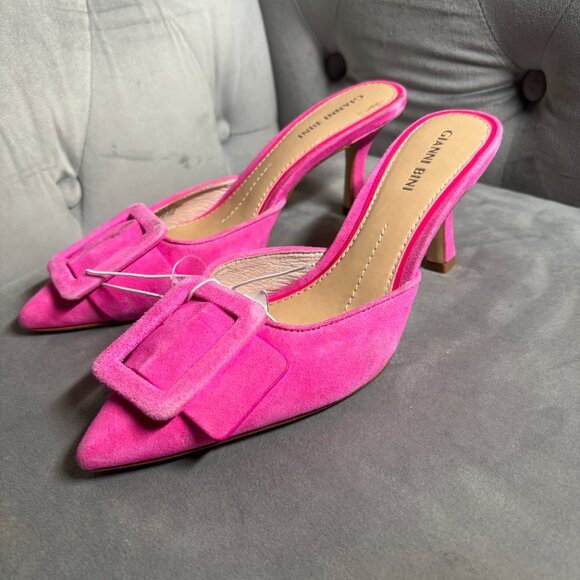 Gianni Bini Pink Suede Pointed Toe Buckle Heeled Mules – Women’s 6.5 - Picture 5 of 8